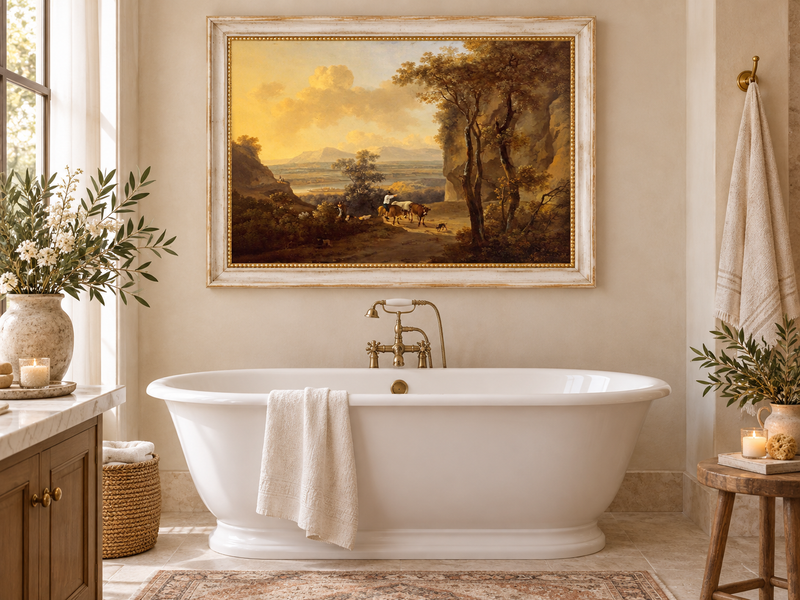 Hand-painted Pastoral Valley Path with Cattle landscape oil painting displayed as wall art in a styled interior