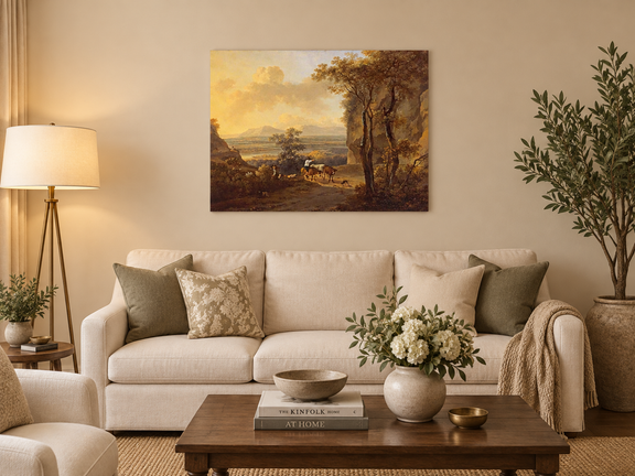 Hand-painted Pastoral Valley Path with Cattle landscape oil painting displayed as wall art in a styled interior