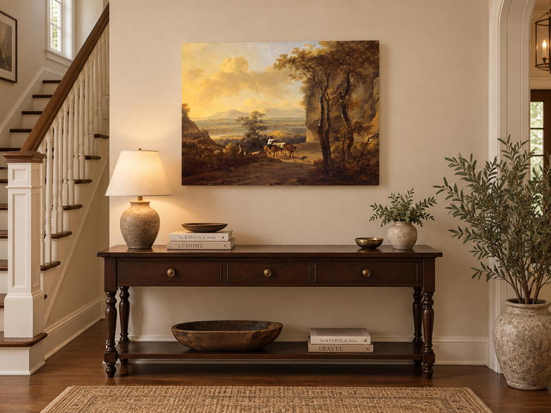 Hand-painted Pastoral Valley Path with Cattle landscape oil painting displayed as wall art in a styled interior