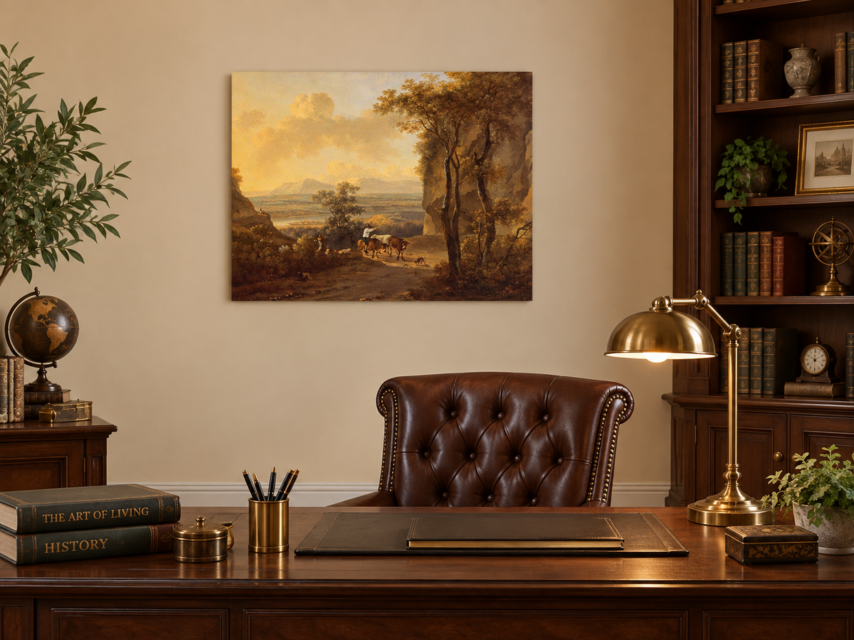 Hand-painted Pastoral Valley Path with Cattle landscape oil painting displayed as wall art in a styled interior