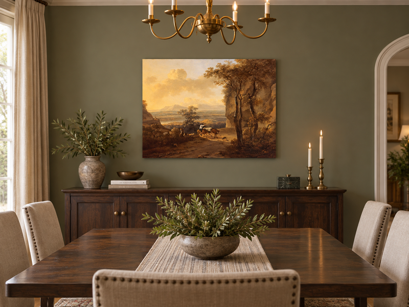 Hand-painted Pastoral Valley Path with Cattle landscape oil painting displayed as wall art in a styled interior