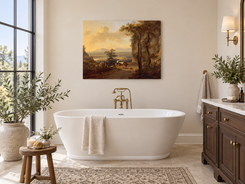 Hand-painted Pastoral Valley Path with Cattle landscape oil painting displayed as wall art in a styled interior