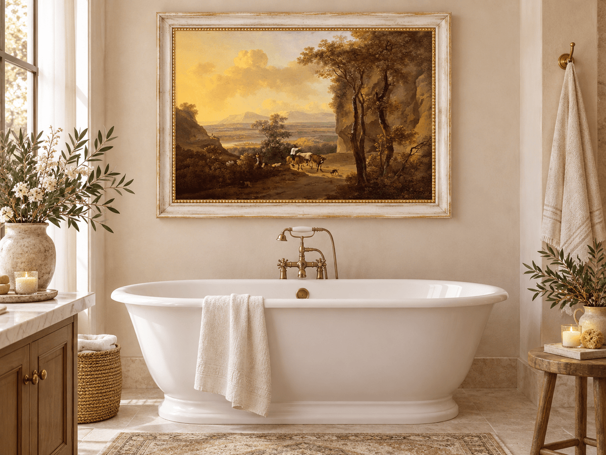 Hand-painted Pastoral Valley Path with Cattle landscape oil painting displayed as wall art in a styled interior