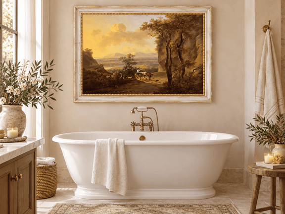 Hand-painted Pastoral Valley Path with Cattle landscape oil painting displayed as wall art in a styled interior