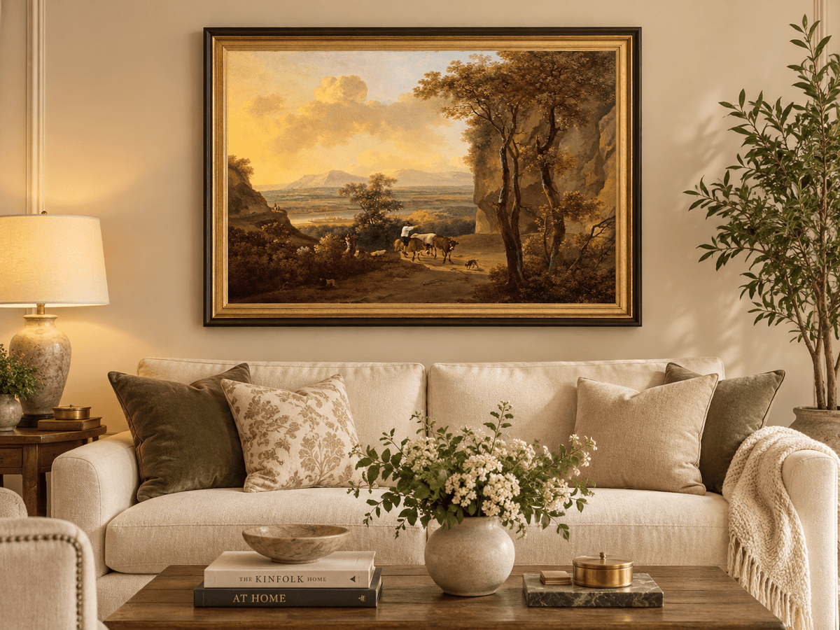 Hand-painted Pastoral Valley Path with Cattle landscape oil painting displayed as wall art in a styled interior