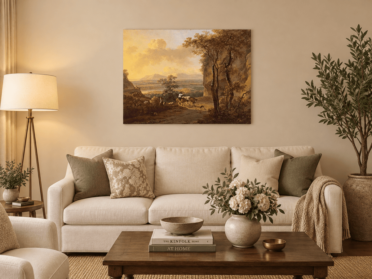 Hand-painted Pastoral Valley Path with Cattle landscape oil painting displayed as wall art in a styled interior