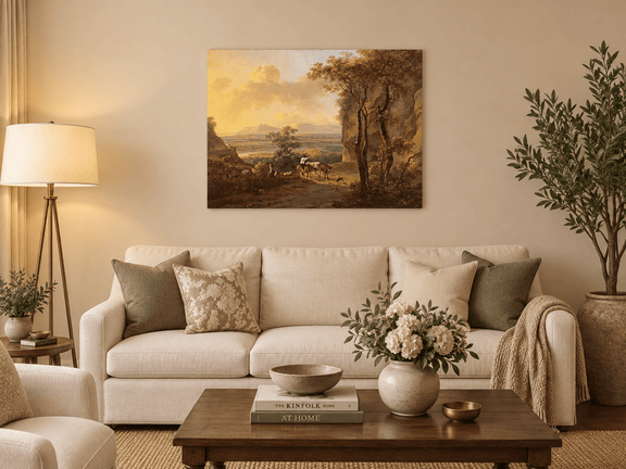 Hand-painted Pastoral Valley Path with Cattle landscape oil painting displayed as wall art in a styled interior