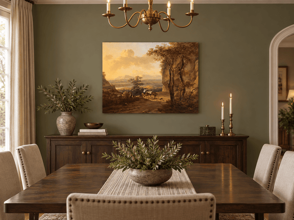 Hand-painted Pastoral Valley Path with Cattle landscape oil painting displayed as wall art in a styled interior