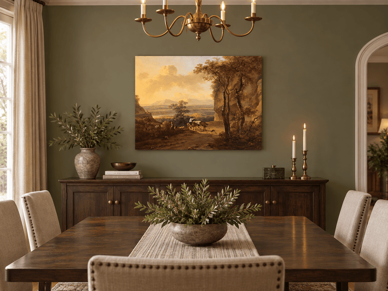 Hand-painted Pastoral Valley Path with Cattle landscape oil painting displayed as wall art in a styled interior