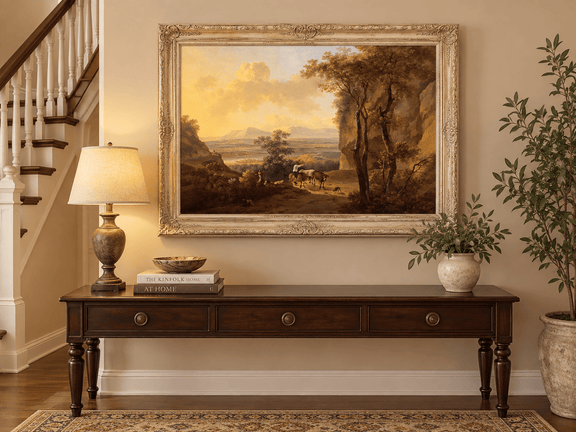 Hand-painted Pastoral Valley Path with Cattle landscape oil painting displayed as wall art in a styled interior