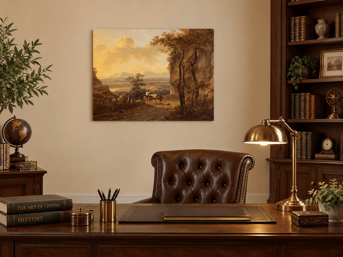 Hand-painted Pastoral Valley Path with Cattle landscape oil painting displayed as wall art in a styled interior