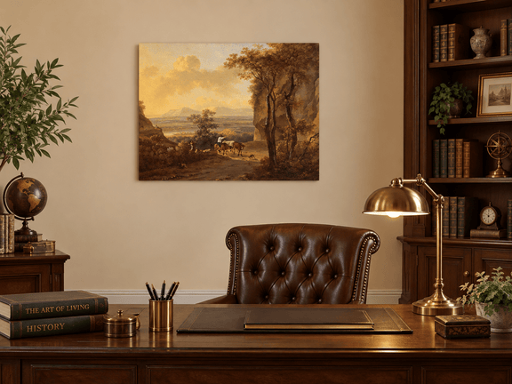 Hand-painted Pastoral Valley Path with Cattle landscape oil painting displayed as wall art in a styled interior