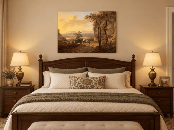 Hand-painted Pastoral Valley Path with Cattle landscape oil painting displayed as wall art in a styled interior