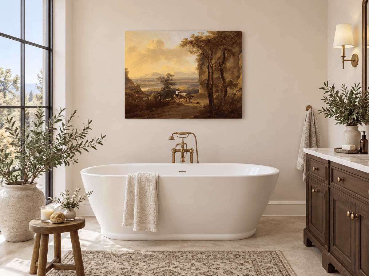 Hand-painted Pastoral Valley Path with Cattle landscape oil painting displayed as wall art in a styled interior