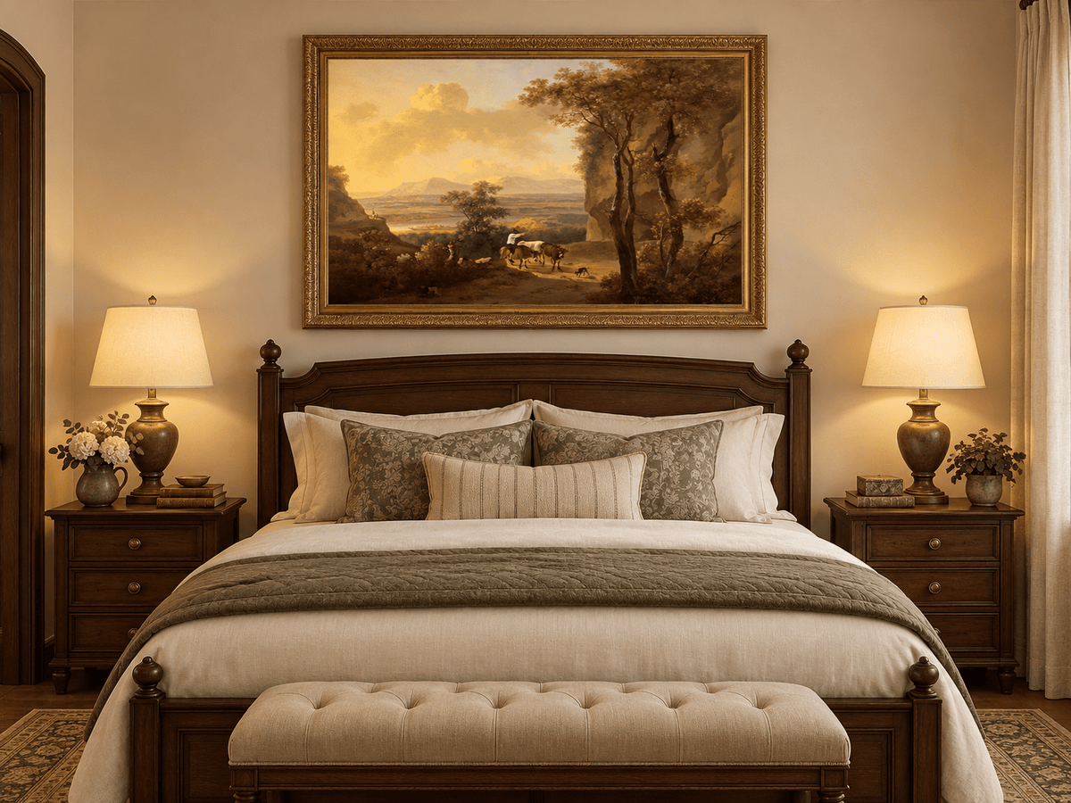 Hand-painted Pastoral Valley Path with Cattle landscape oil painting displayed as wall art in a styled interior