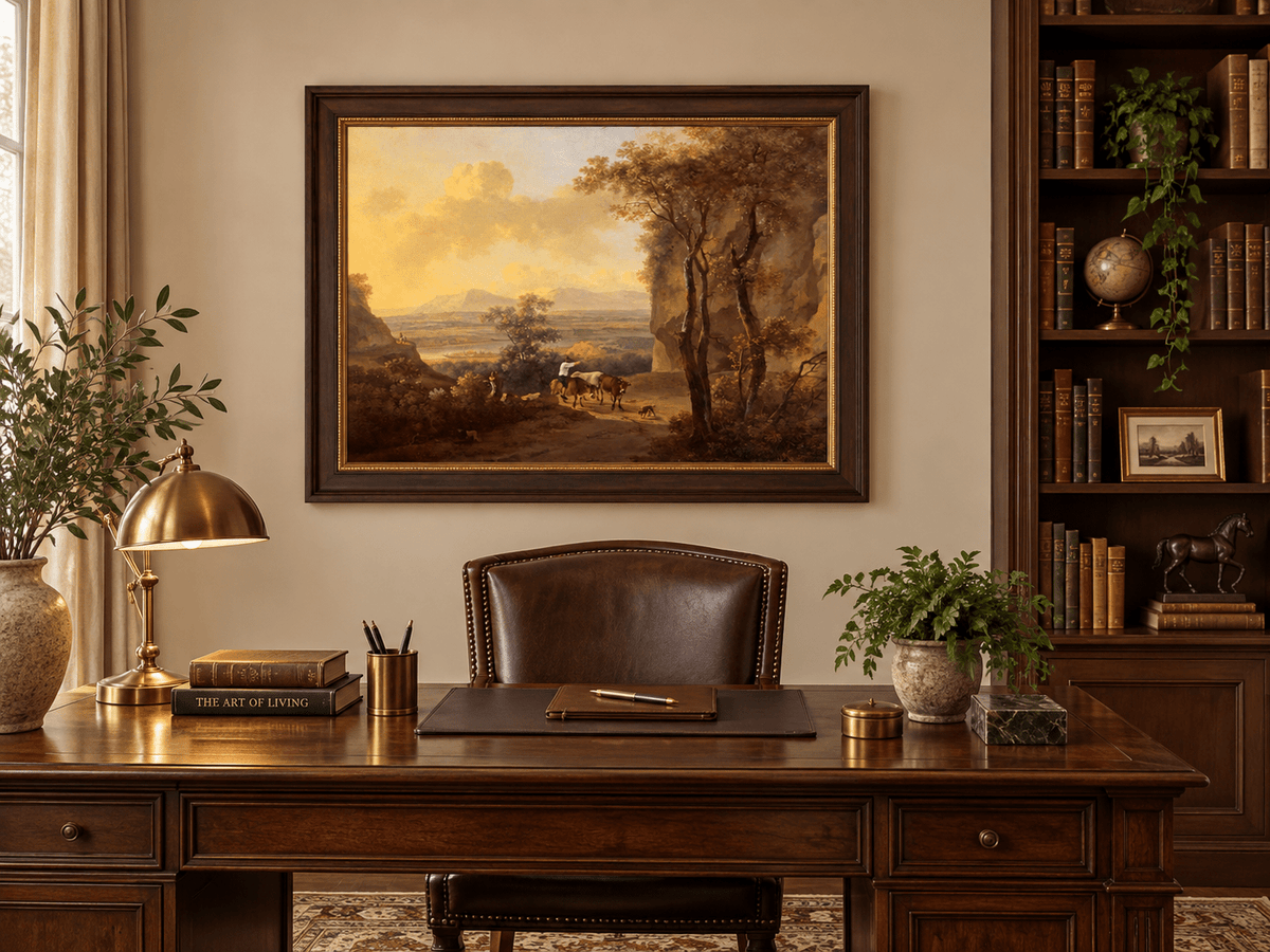 Hand-painted Pastoral Valley Path with Cattle landscape oil painting displayed as wall art in a styled interior
