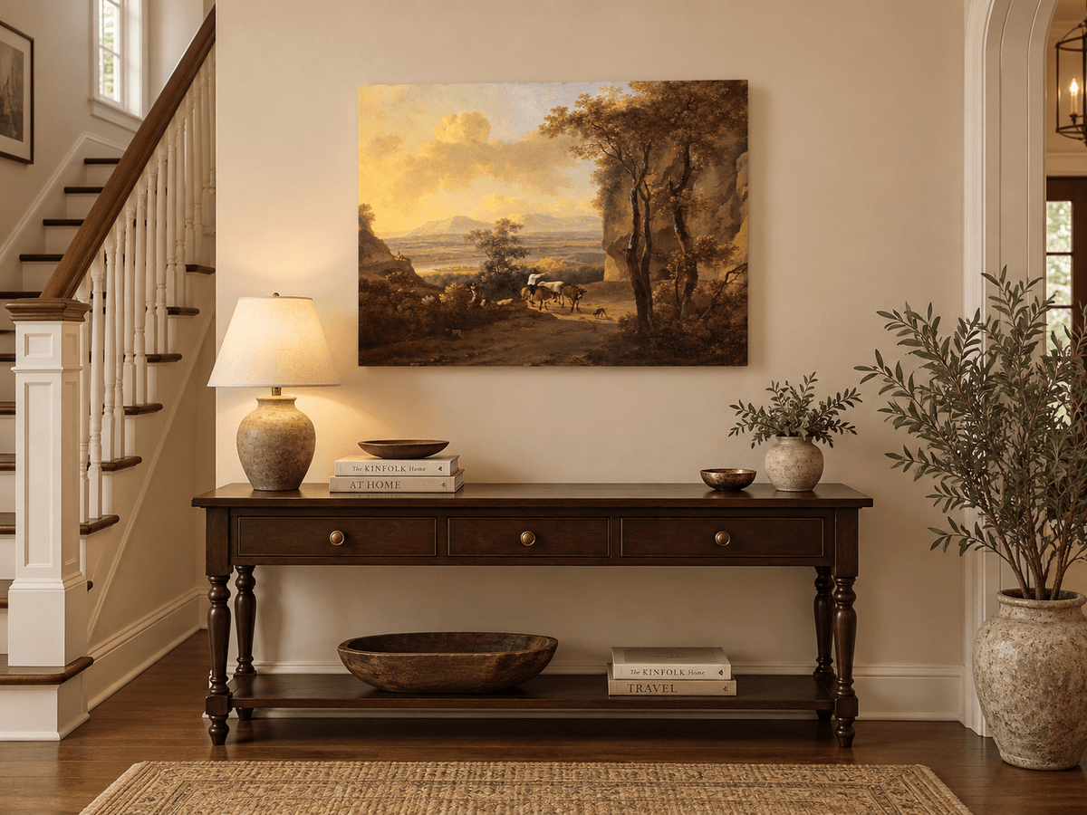 Hand-painted Pastoral Valley Path with Cattle landscape oil painting displayed as wall art in a styled interior