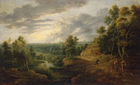 Hand-painted pastoral valley with cottage and hunters landscape oil painting on canvas