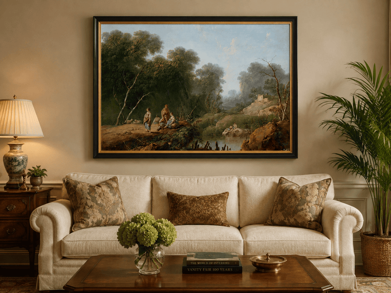 Peinture à l'huile de paysage - Scène de rivière hivernale avec personnages et chevaux