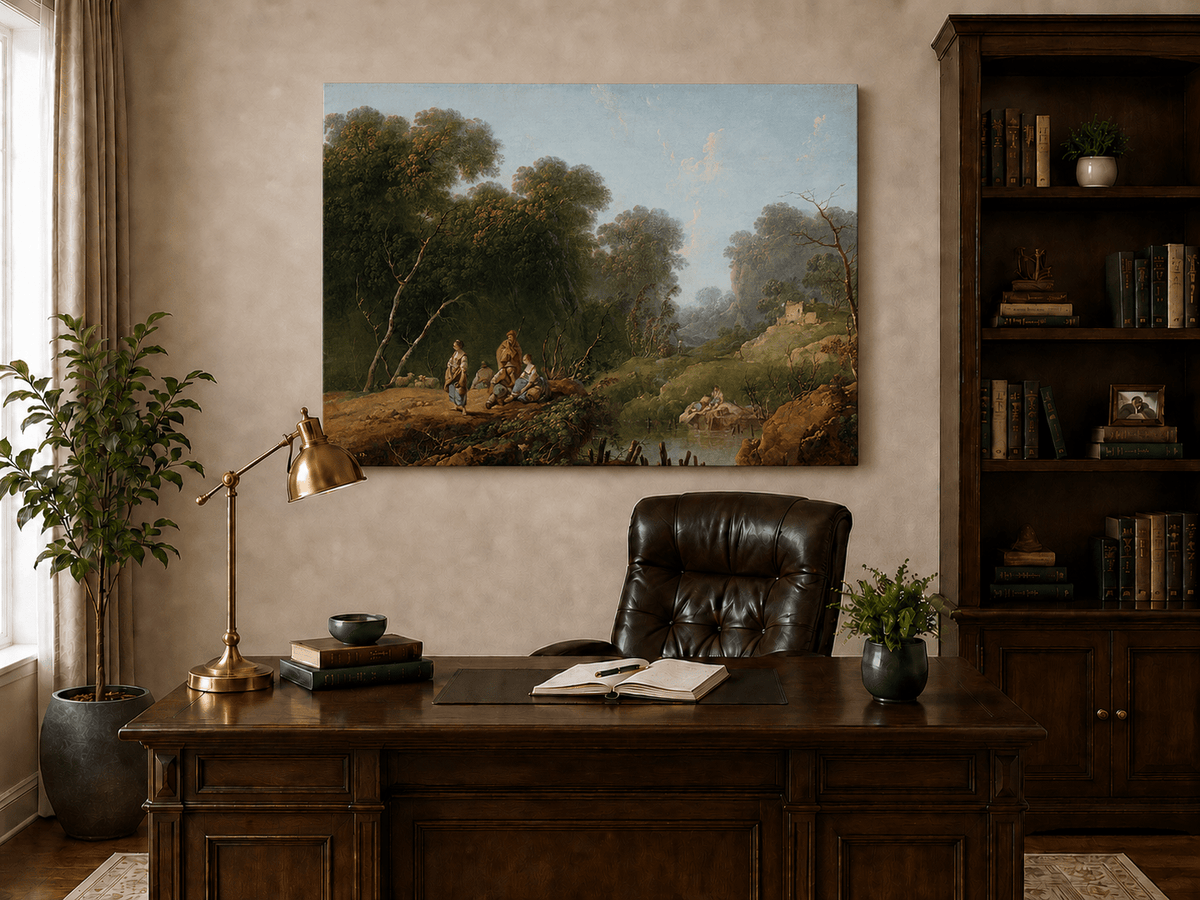 Peinture à l'huile de paysage - Scène de rivière hivernale avec personnages et chevaux