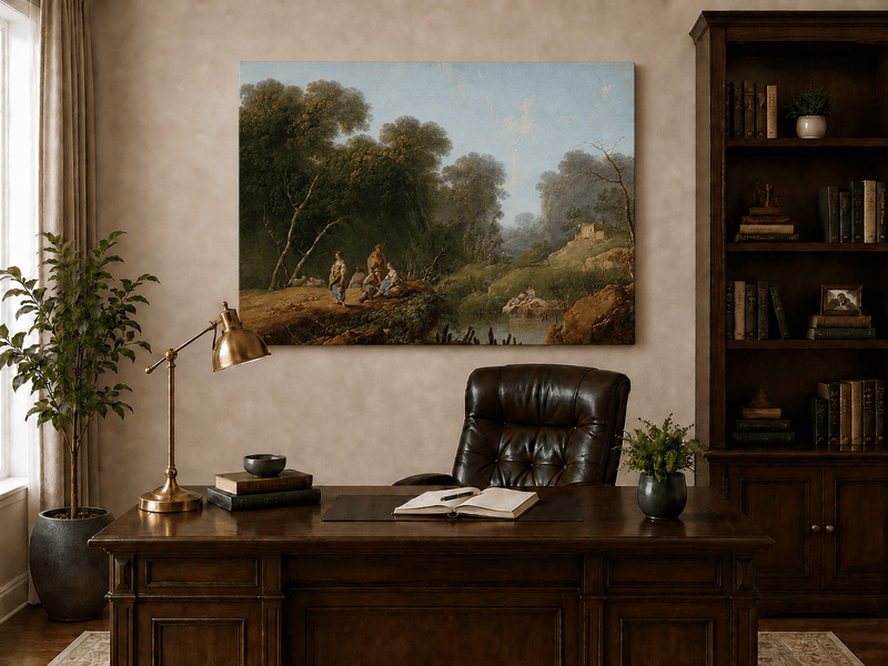 Peinture à l'huile de paysage - Scène de rivière hivernale avec personnages et chevaux