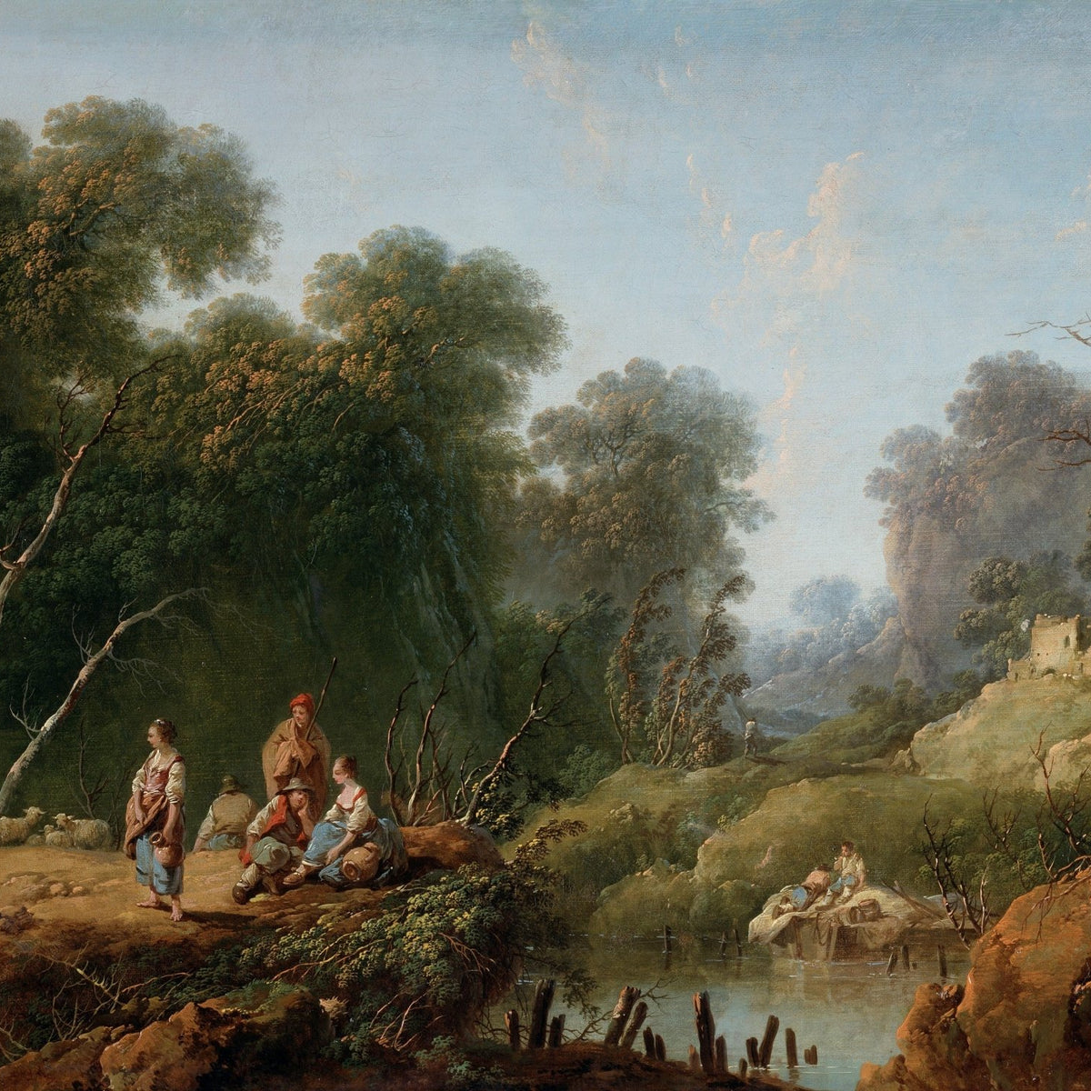 Hand-painted pastoral valley with figures and river landscape oil painting on canvas