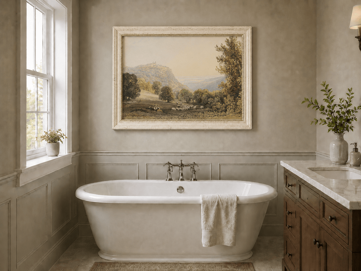 Landscape Oil Painting - Pastoral Valley with Sheep and Castle
