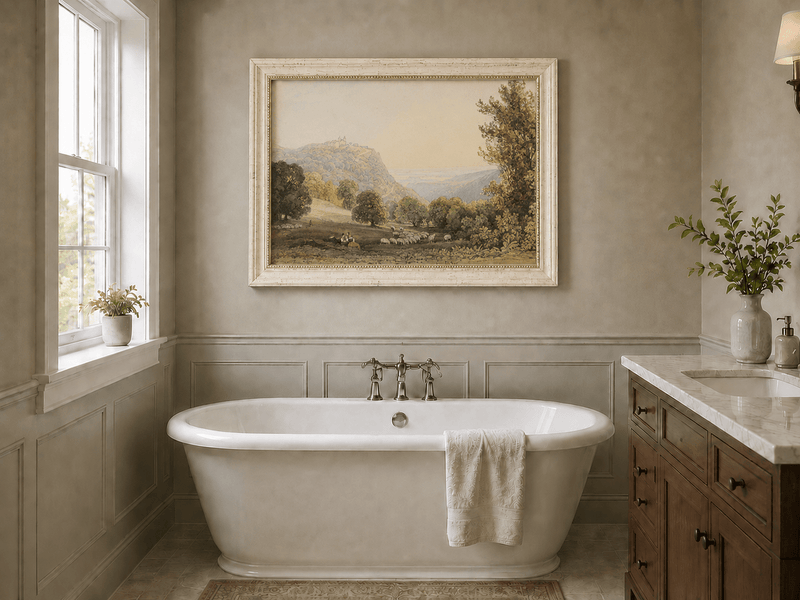 Landscape Oil Painting - Pastoral Valley with Sheep and Castle