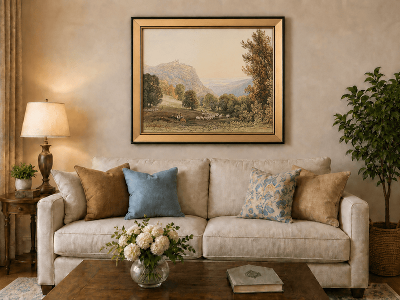 Landscape Oil Painting - Pastoral Valley with Sheep and Castle