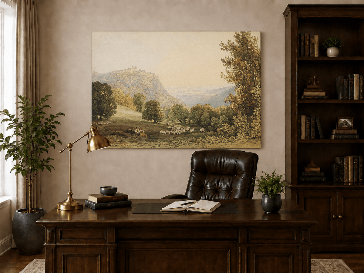 Landscape Oil Painting - Pastoral Valley with Sheep and Castle