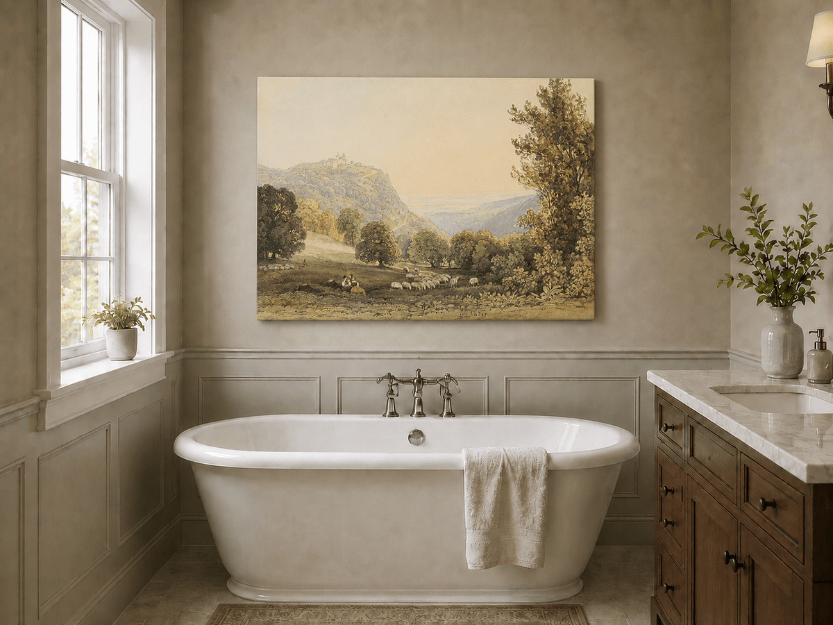 Landscape Oil Painting - Pastoral Valley with Sheep and Castle