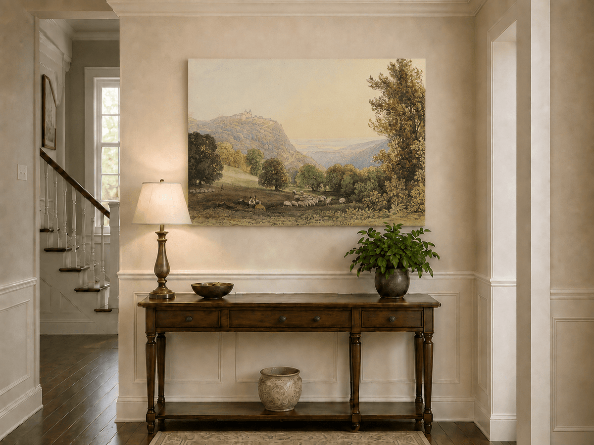 Landscape Oil Painting - Pastoral Valley with Sheep and Castle
