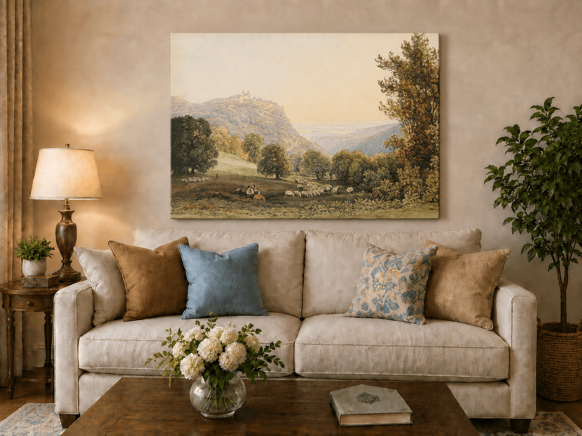 Landscape Oil Painting - Pastoral Valley with Sheep and Castle