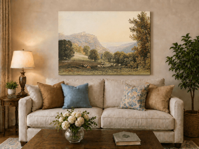 Landscape Oil Painting - Pastoral Valley with Sheep and Castle