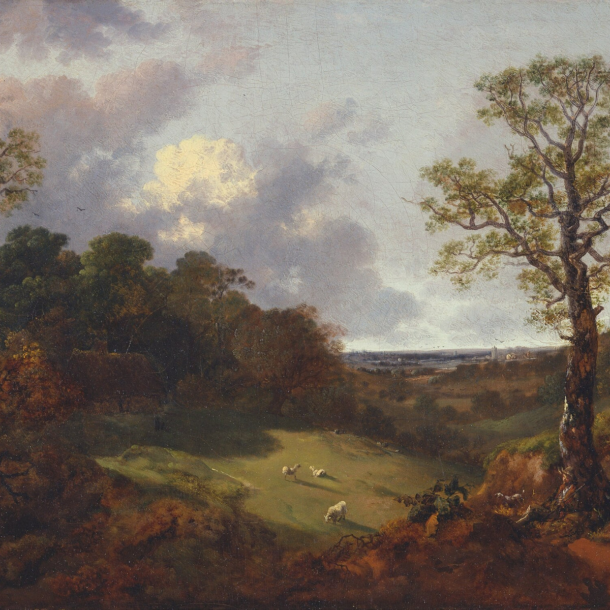 Hand-painted pastoral valley with sheep and storm sky landscape oil painting on canvas