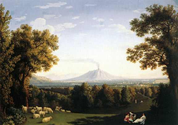 Hand-painted pastoral view with sheep and distant volcano landscape oil painting on canvas