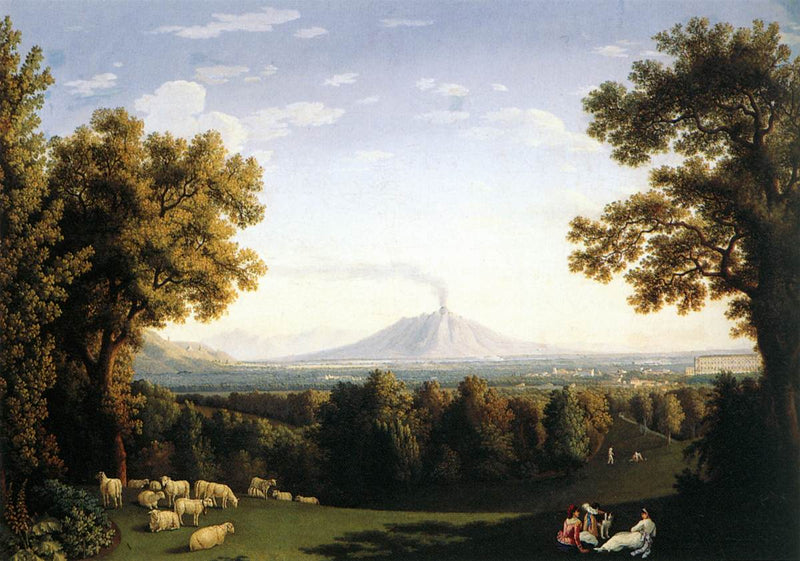 Hand-painted pastoral view with sheep and distant volcano landscape oil painting on canvas