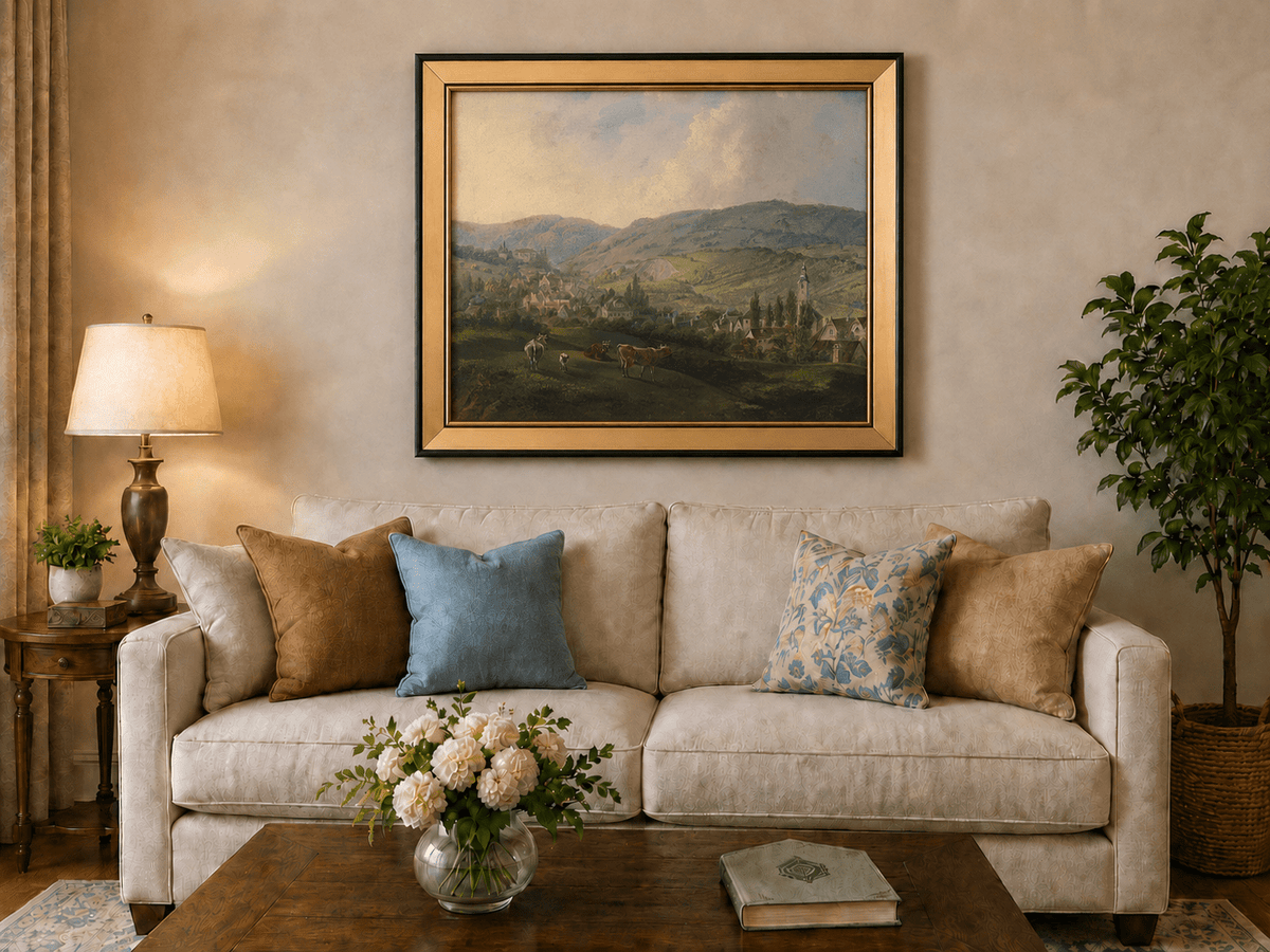 Village pastoral dans des collines vallonnées avec du bétail – Peinture à l'huile de paysage