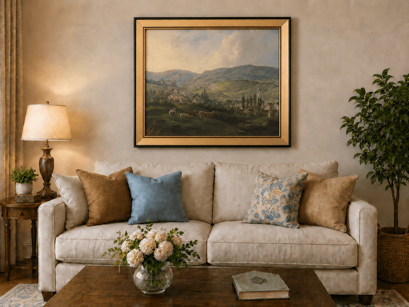 Village pastoral dans des collines vallonnées avec du bétail – Peinture à l'huile de paysage