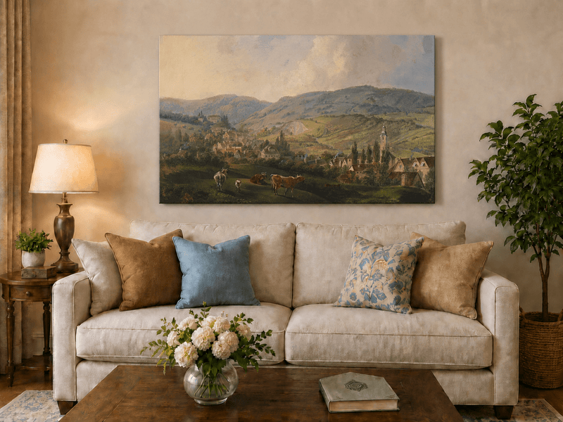 Village pastoral dans des collines vallonnées avec du bétail – Peinture à l'huile de paysage