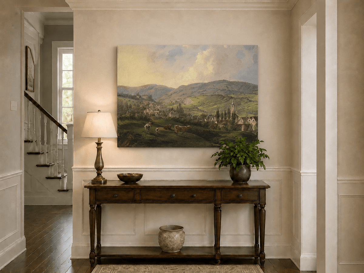 Village pastoral dans des collines vallonnées avec du bétail – Peinture à l'huile de paysage