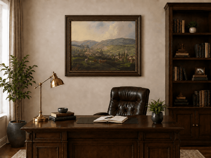 Village pastoral dans des collines vallonnées avec du bétail – Peinture à l'huile de paysage