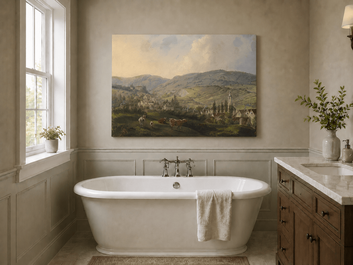 Village pastoral dans des collines vallonnées avec du bétail – Peinture à l'huile de paysage