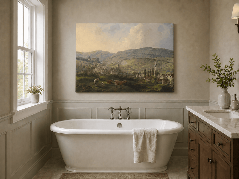 Village pastoral dans des collines vallonnées avec du bétail – Peinture à l'huile de paysage