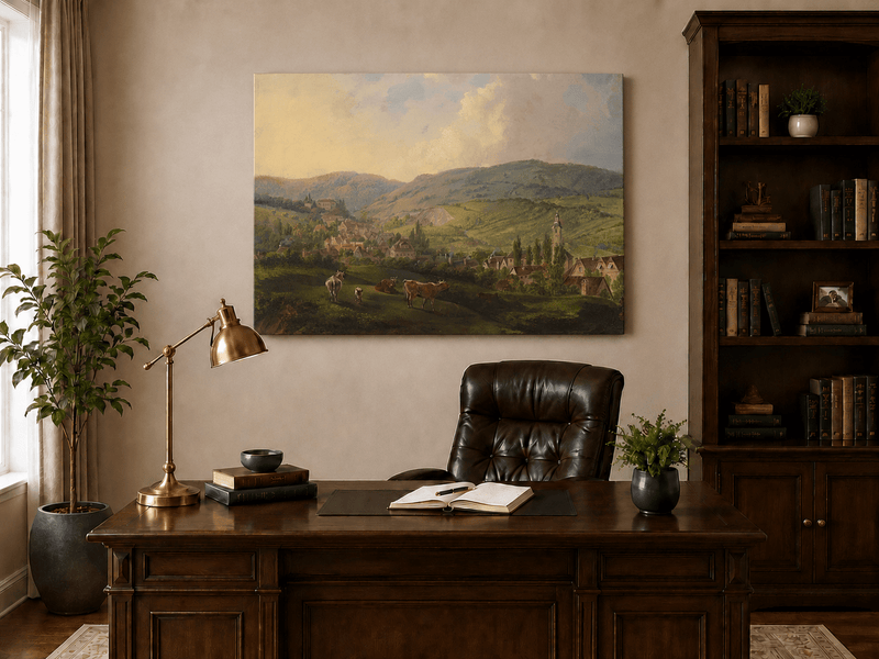 Village pastoral dans des collines vallonnées avec du bétail – Peinture à l'huile de paysage