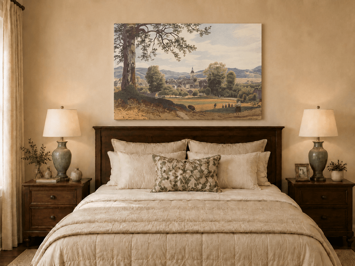 Peinture à l'huile de paysage - Gouffre rocheux spectaculaire avec personnages