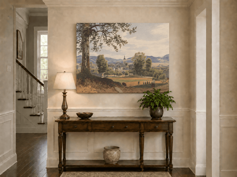 Peinture à l'huile de paysage - Gouffre rocheux spectaculaire avec personnages