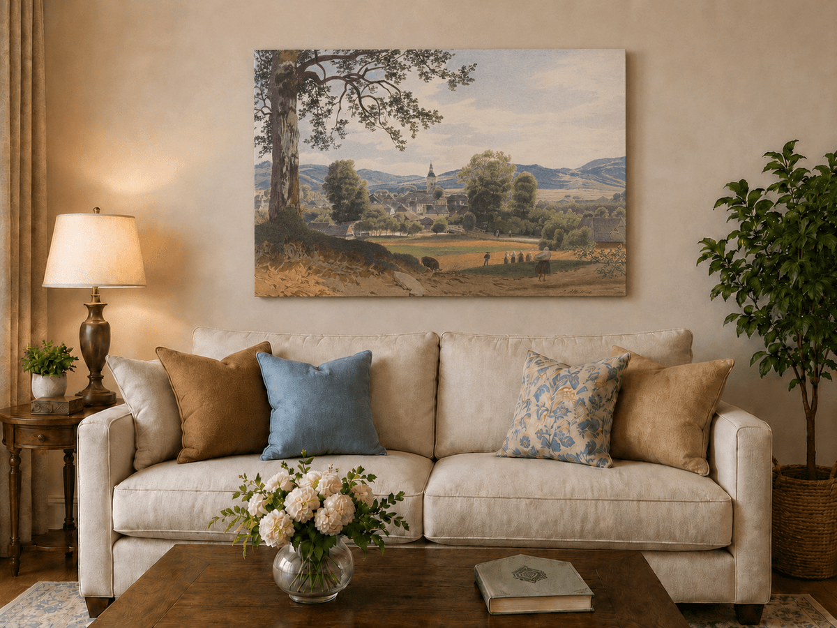 Peinture à l'huile de paysage - Gouffre rocheux spectaculaire avec personnages