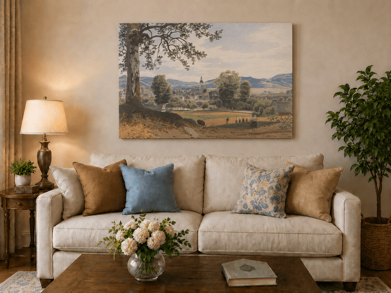 Peinture à l'huile de paysage - Gouffre rocheux spectaculaire avec personnages
