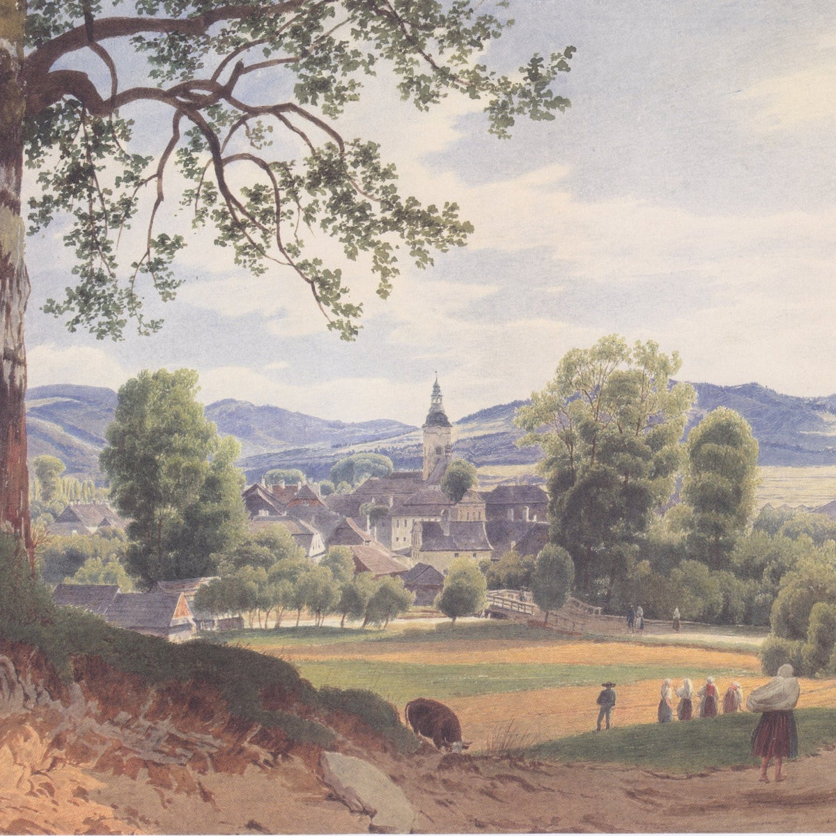 Hand-painted pastoral village view with church landscape oil painting on canvas